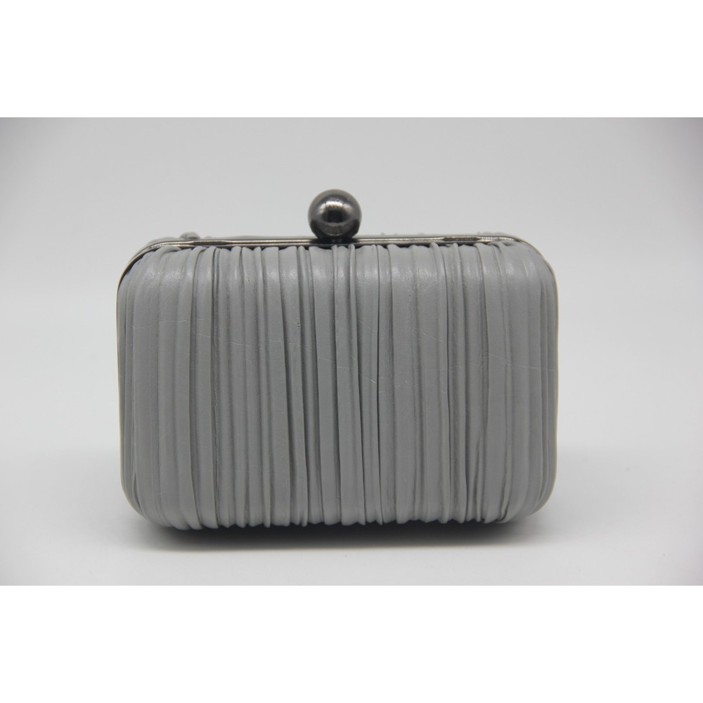 Vintage Grey Pleated Evening Clutch Bag Women's Gunmetal Chain Small Rectangle